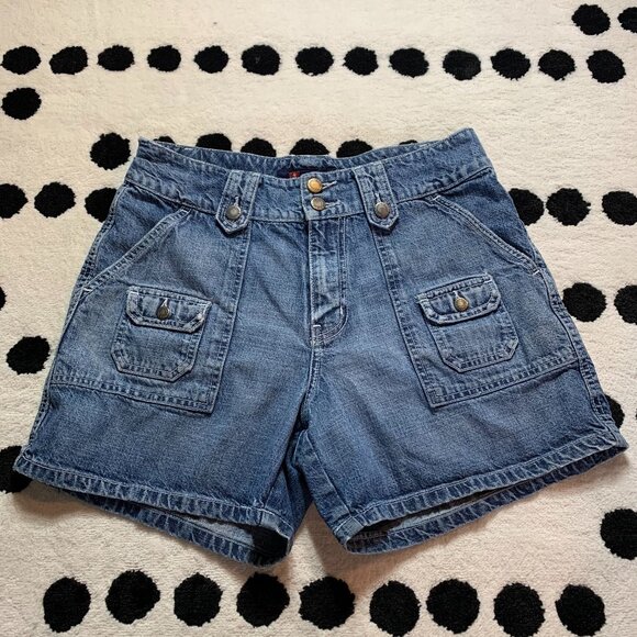 Vintage Y2K Urban Star High Rise Faded Distressed Denim Cargo Jean Shorts - Picture 1 of 9